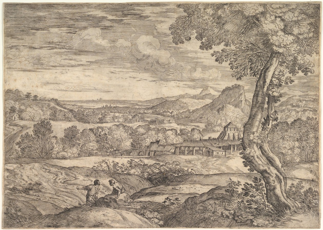Paysage avec une usine de briques au milieu, un homme debout au premier plan, 1626-80 - Giovanni Francesco Grimaldi