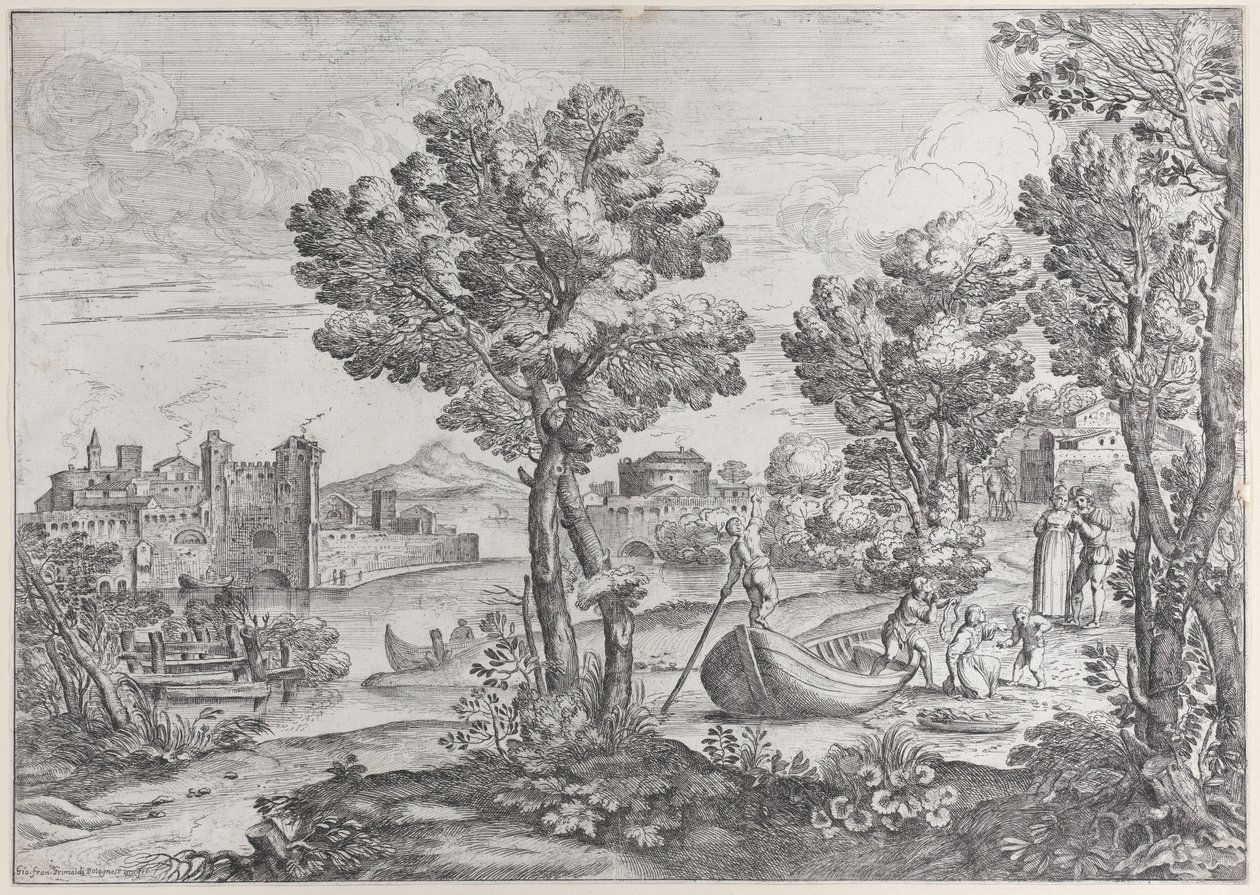 Paysage avec un homme tenant un serpent devant un enfant terrifié, observé par une femme élégante, 1626-80 - Giovanni Francesco Grimaldi