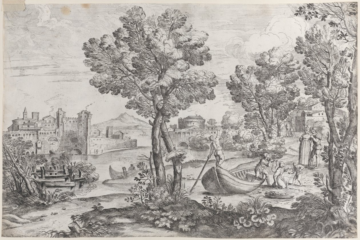 Paysage avec un homme tenant un serpent devant un enfant terrifié, observé par une personne à la mode, 1626-80 - Giovanni Francesco Grimaldi