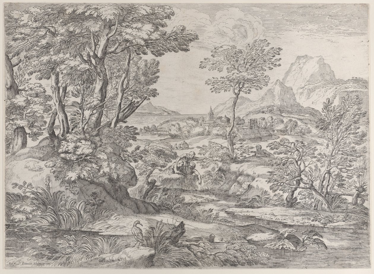 Trois garçons dans un paysage avec une ville en arrière-plan - Giovanni Francesco Grimaldi