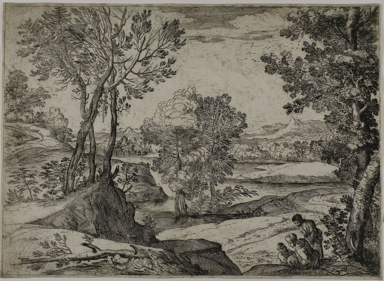 Femme, son enfant et un homme debout dans un paysage - Giovanni Francesco Grimaldi