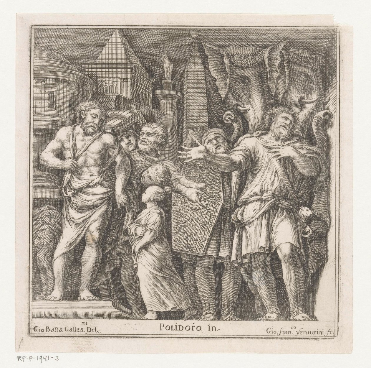 Groupe de figures et deux éléphants dans une ville - Giovanni Francesco Venturini