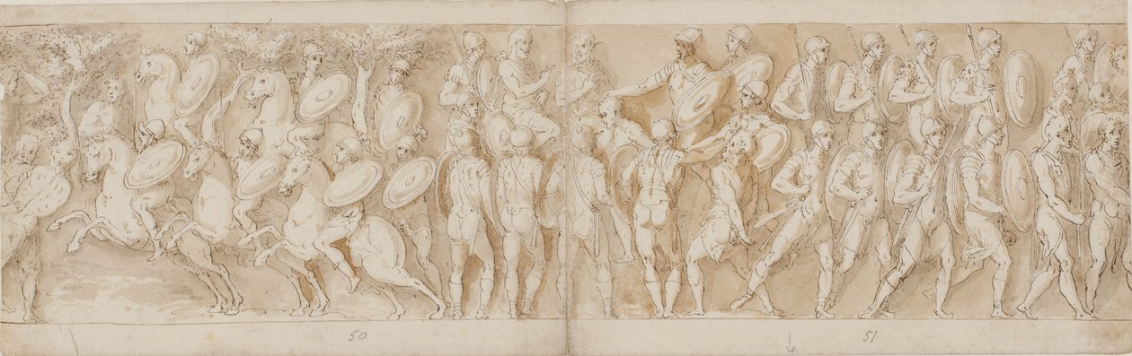 Cavalerie romaine (LXV); une tête coupée (interprétée comme un prisonnier par Guerra) et un prisonnier allemand sont amenés devant l