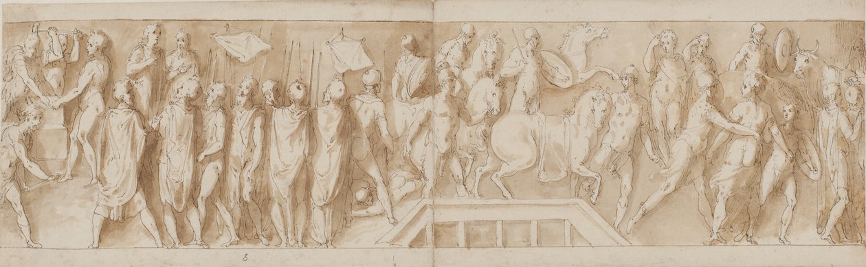 Soldats romains construisant un camp (fin de LXXXII); une adresse (LXXXIII); Romains traversant une rivière sur un pont de bateaux (LXXXIV); des femmes sont faites prisonnières (début de LXXXV) - Giovanni Guerra