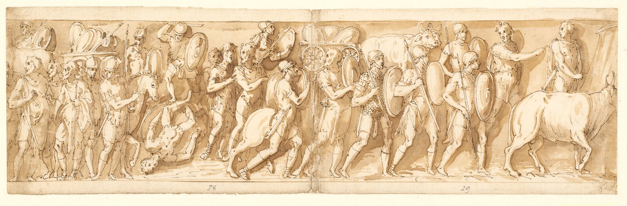 Romains en Marche (XXXVI) ; Marc Aurèle, Pompée et un Assistant Regardent la Marche (XXXVII) ; une Halte pendant la Marche (XXXVIII) - Giovanni Guerra