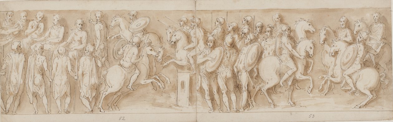 Sarmates devant le conseil impérial (fin de LXII, début de LXIII); entourés de gardes, Marc Aurèle et Pompée à cheval regardent une escarmouche (XC); nobles allemands apportant un message (jusqu
