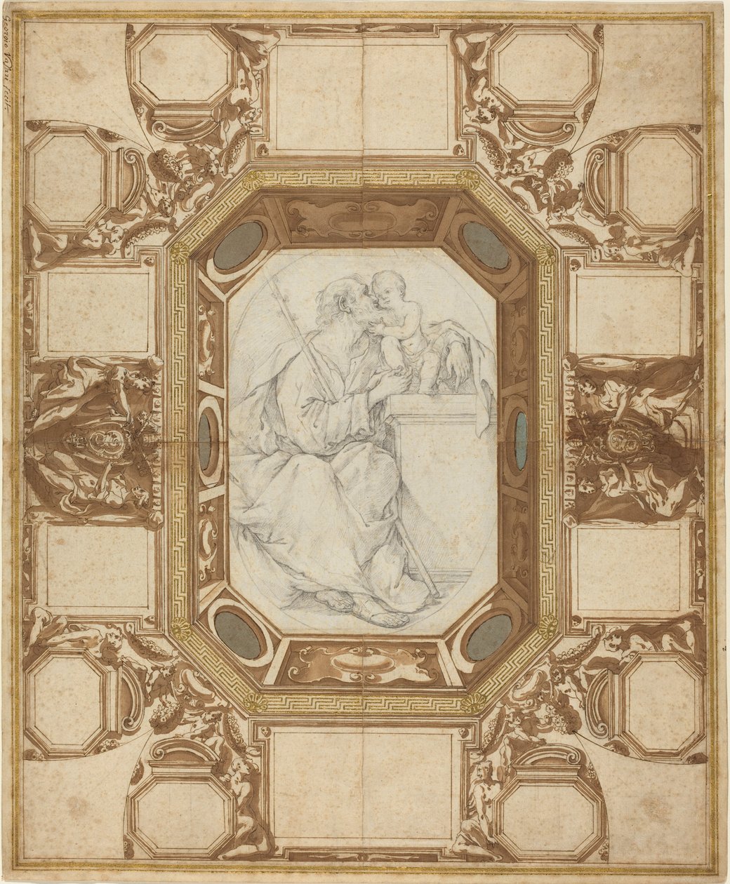 Plafond avec figures allégoriques et les armes du pape Sixte V (dessin extérieur de Guerra); Saint Joseph et l