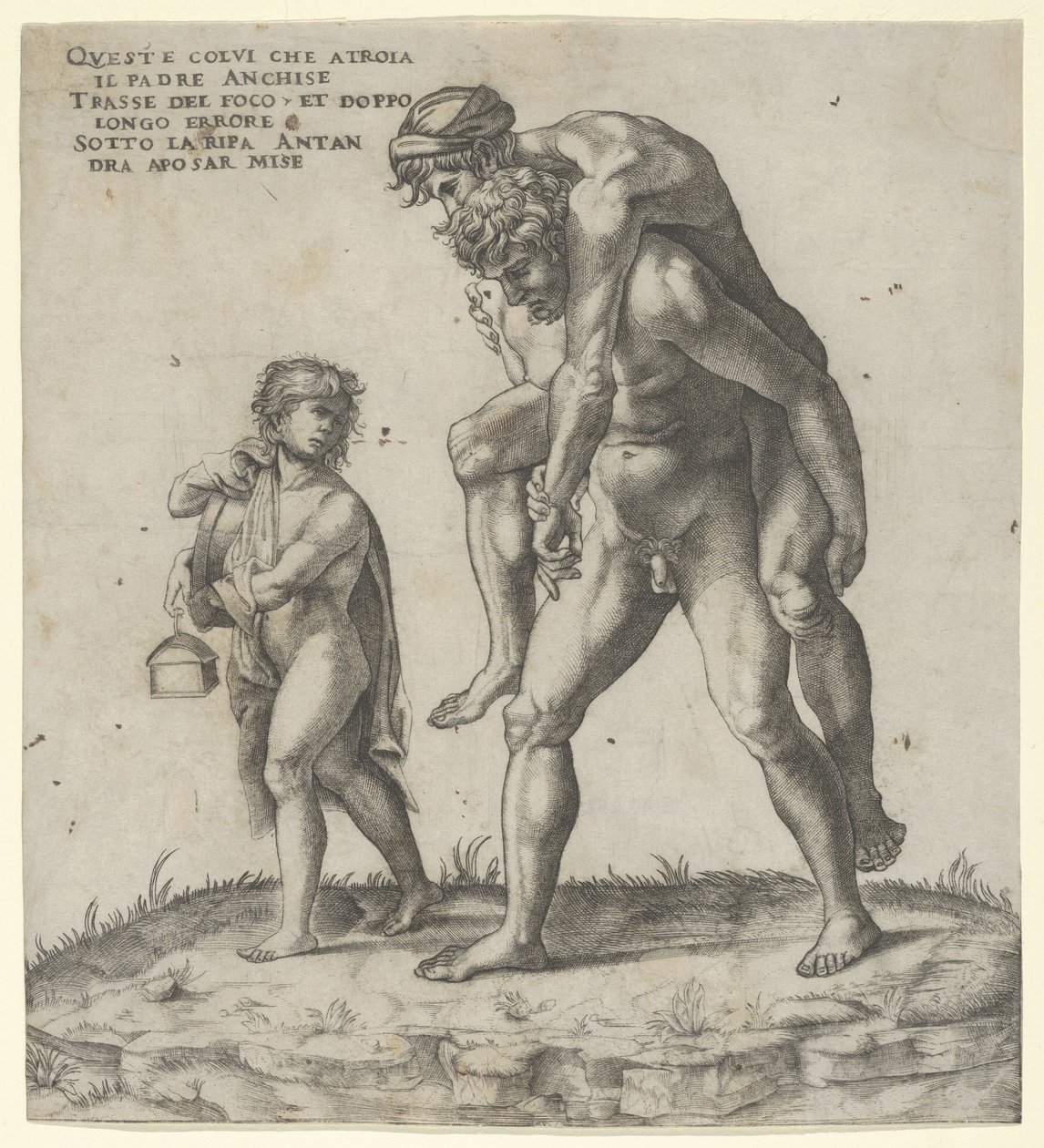 Énée sauvant Anchise, un jeune garçon portant une lanterne à gauche, vers 1525 - Giovanni Jacopo Caraglio