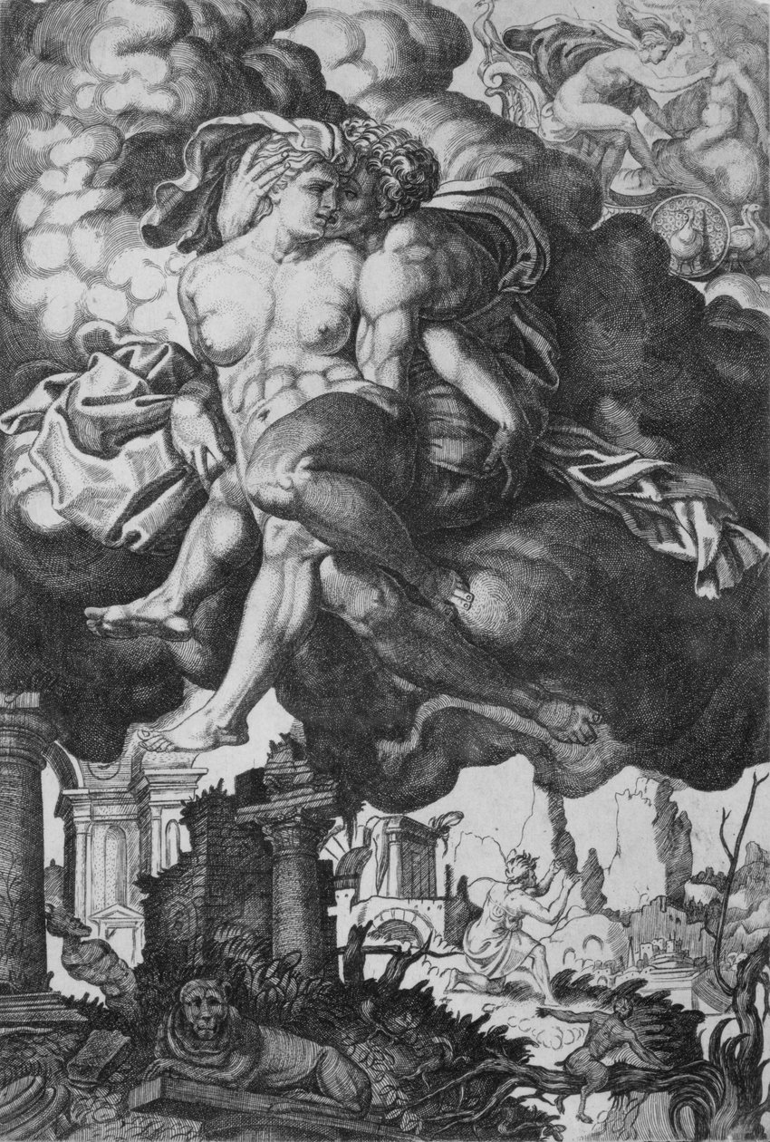 Ixion tentant de séduire Junon, entouré de nuages avec des ruines en dessous, vers 1520-39 - Giovanni Jacopo Caraglio