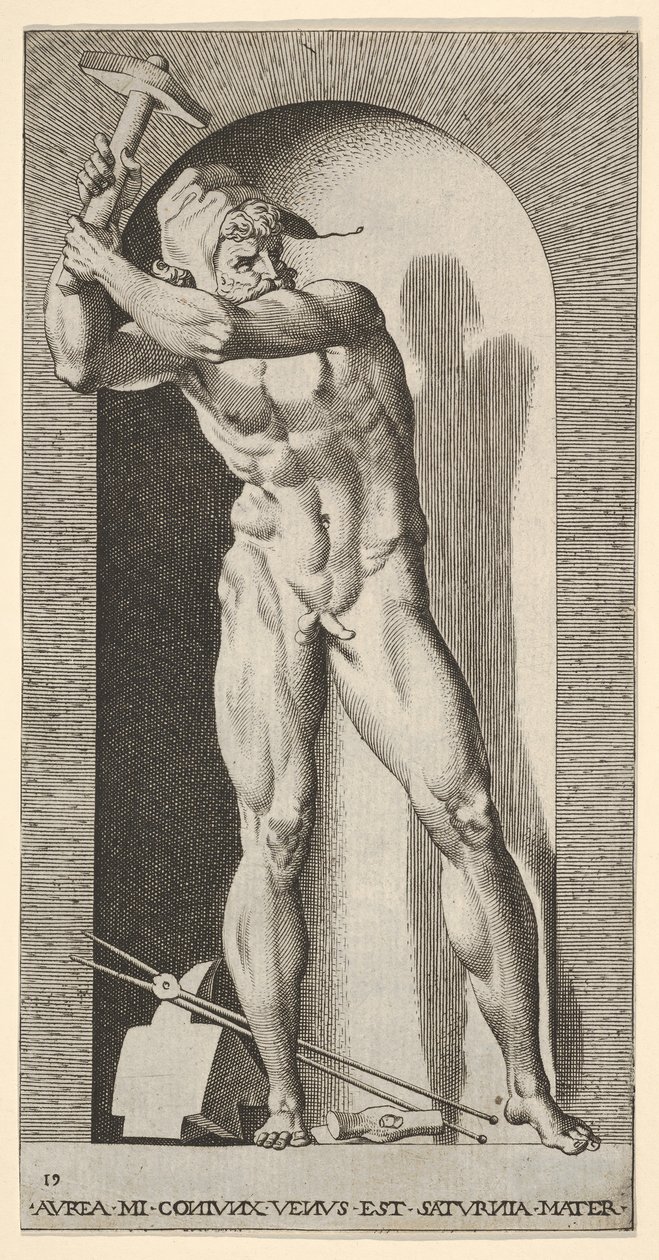 Planche 19 : Vulcain debout dans une niche balançant un marteau, avec une enclume, un marteau et des pinces - Giovanni Jacopo Caraglio