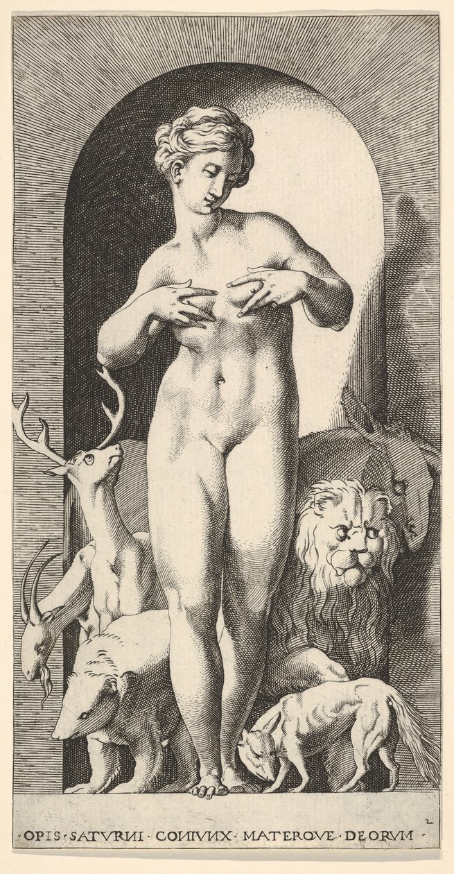 Planche 2: Ops debout dans une niche avec ses mains sur ses seins, regardant à sa gauche, avec..., 1526 - Giovanni Jacopo Caraglio