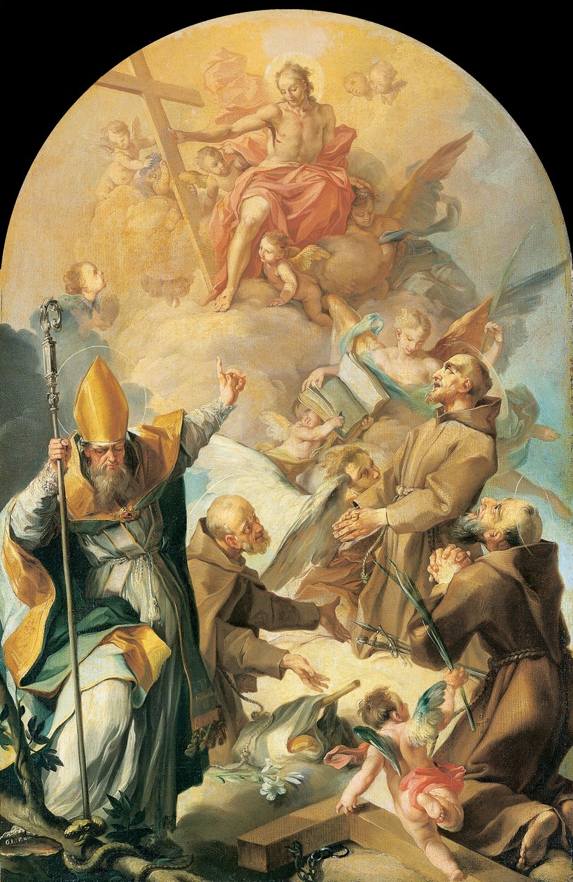 Trois saints capucins et un évêque adorant le Christ et la croix - Giovanni Lanfranco