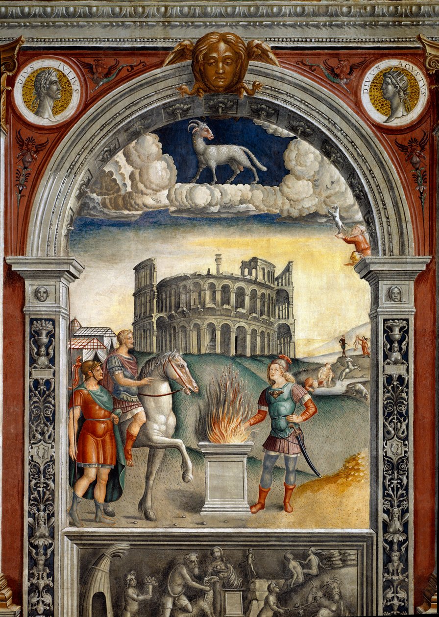 Signe du zodiaque : Bélier. Médaillons supérieurs avec portraits de Jules César et Auguste. En dessous, légende associée à la naissance de la constellation correspondant au signe : Caius Mucius Scaevola, introduit dans le camp ennemi du roi étrusque - Giovanni Maria Falconetto
