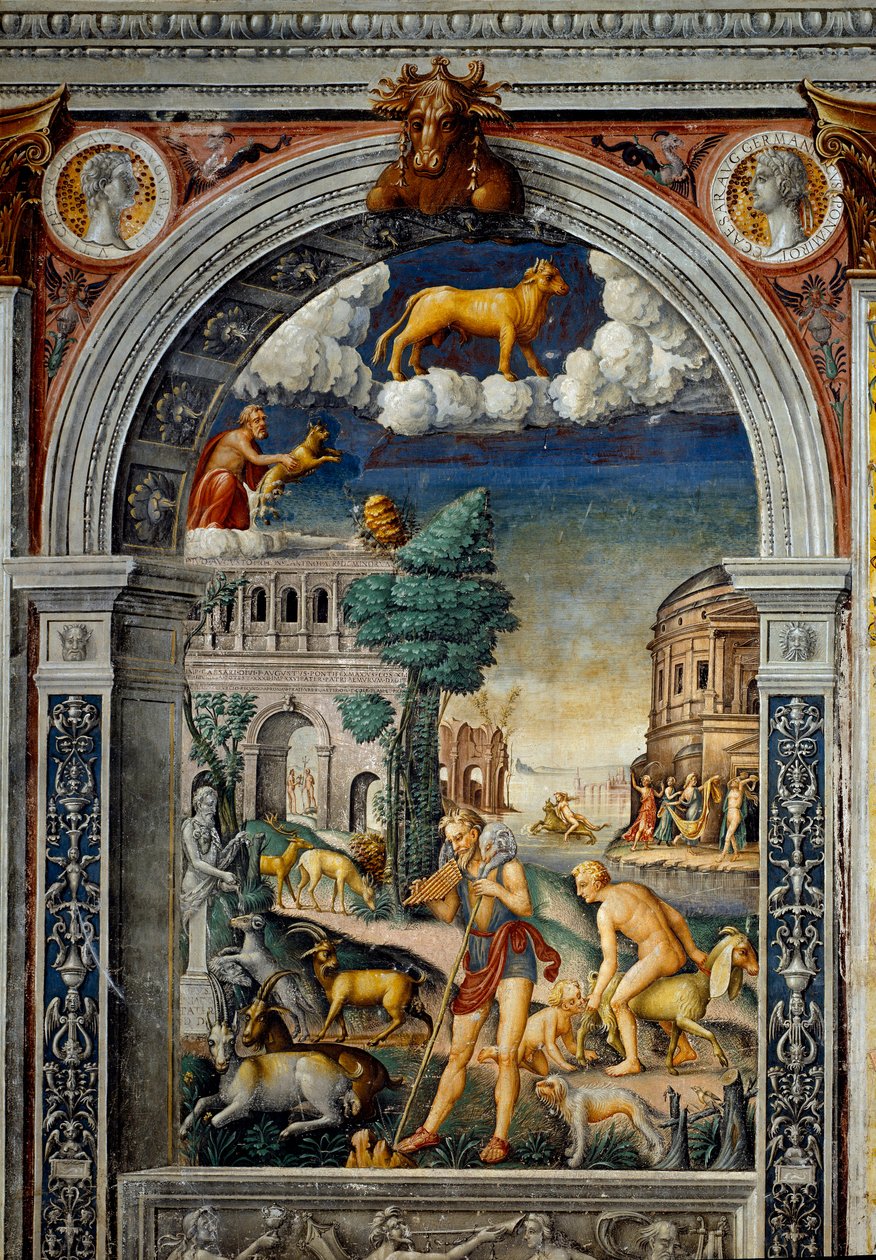 Signe du zodiaque : Taureau. Médaillons supérieurs avec portraits de Tibère et Caligula. En dessous, légende associée à la naissance de la constellation correspondant au signe : le dieu Pan jouant de la flûte. À gauche, une chèvre met bas un petit - Giovanni Maria Falconetto