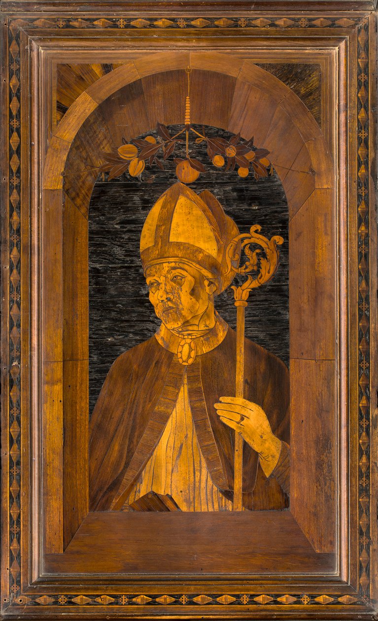 Chœur canonial en bois, incrusté par Giovanni Maria Platina 1484, Stallo supérieur, Sant