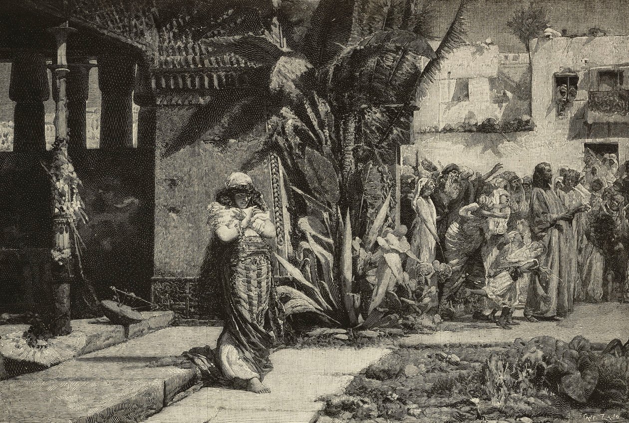 Madeleine, femme avec turban et procession dans un village du Moyen-Orient, gravure par les frères Cantagalli d