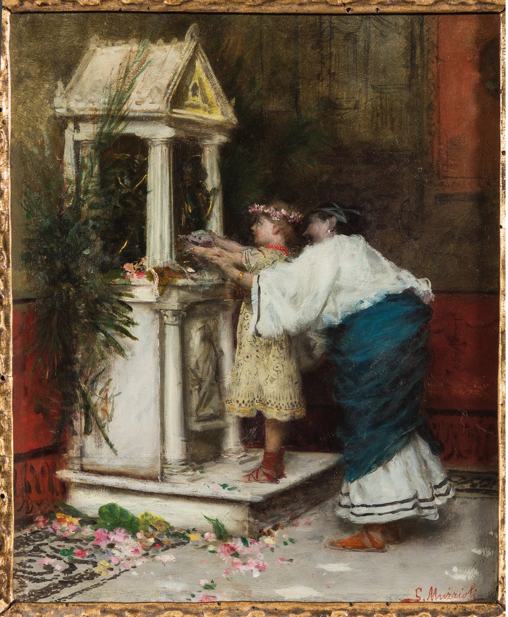 Mère et fille devant un petit temple - Giovanni Muzzioli