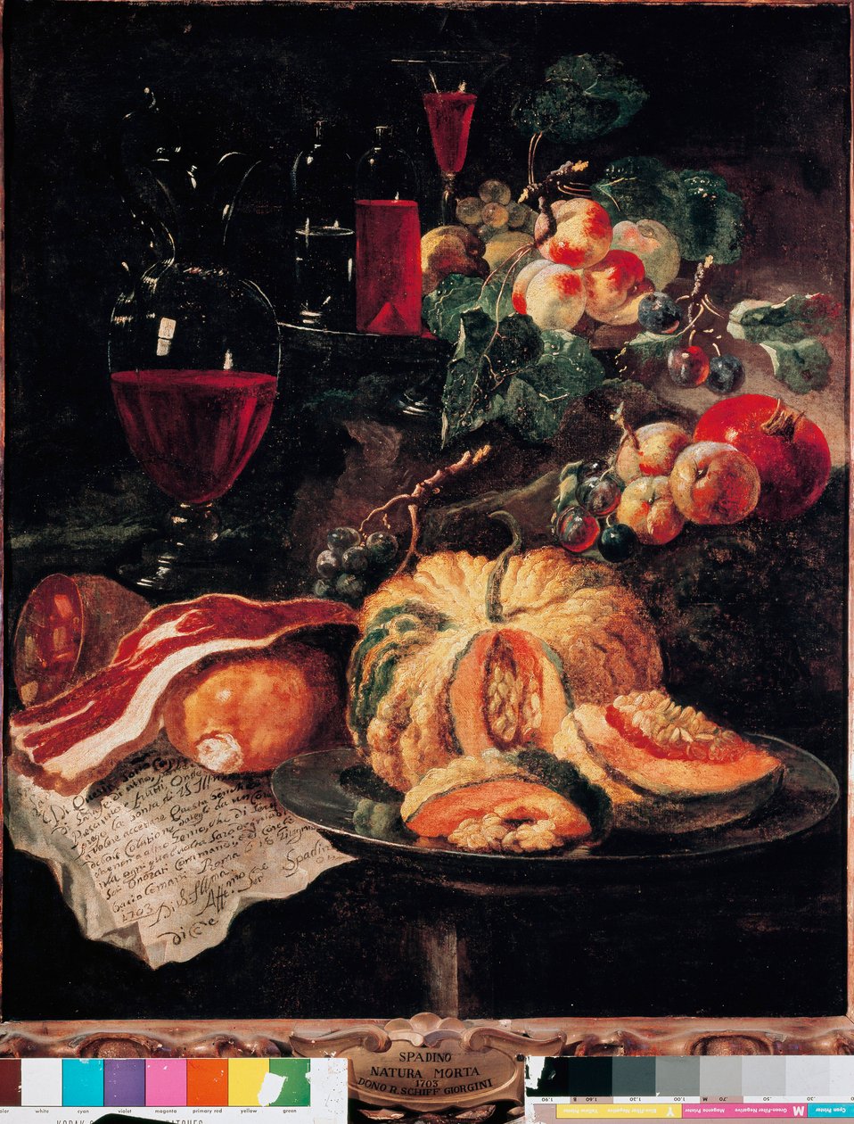 Nature morte avec citrouille, bacon, jambon, pêches et vin - Giovanni Paolo Castelli