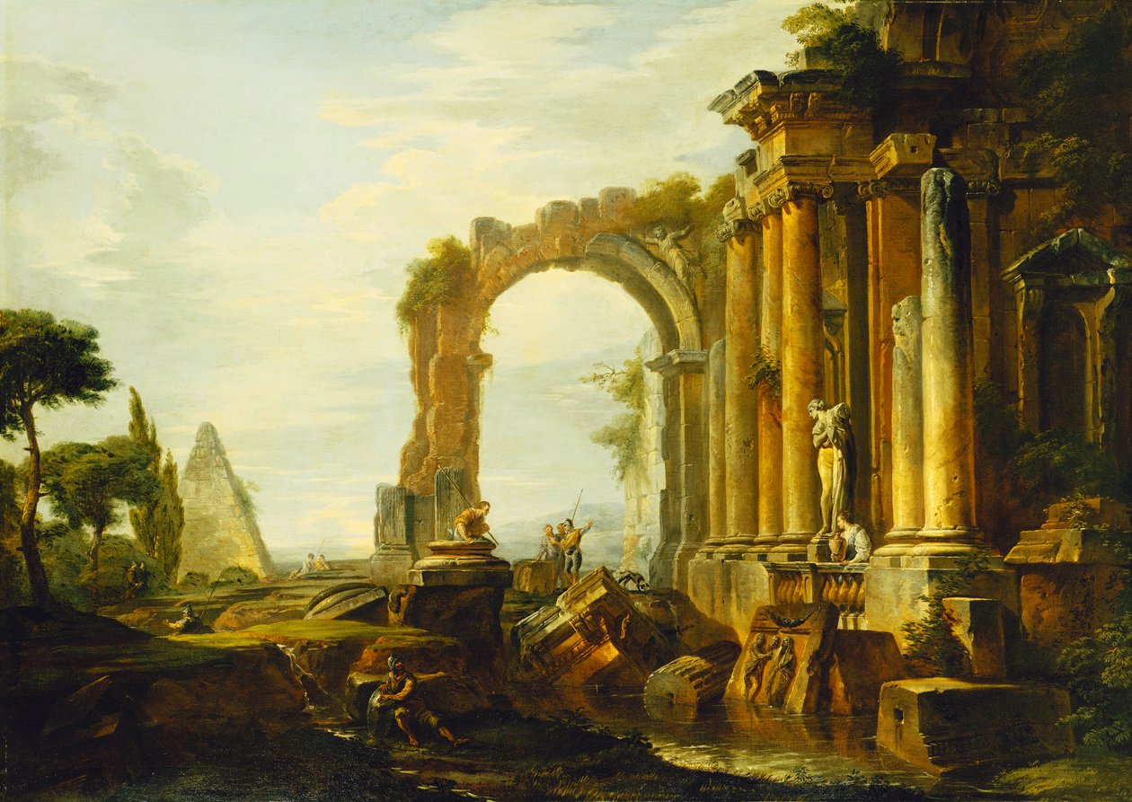 Un caprice de ruines classiques avec la pyramide de Cestius et des figures dans un paysage - Giovanni Paolo Pannini