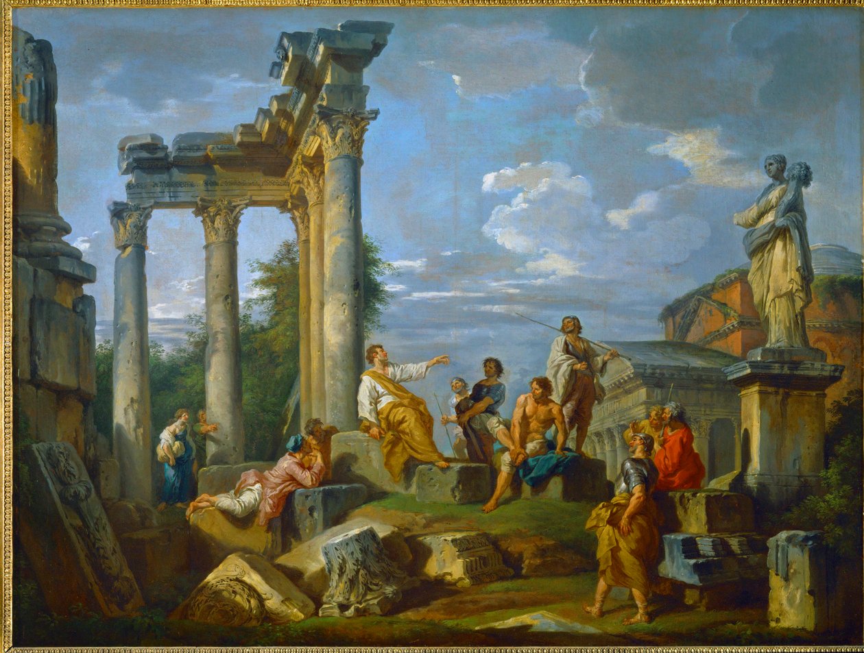 Predicateur au milieu de ruines a Rome enrichi de figures, avec le Pantheon et la statue de Flore … (painting on canvas) - Giovanni Paolo Pannini or Panini