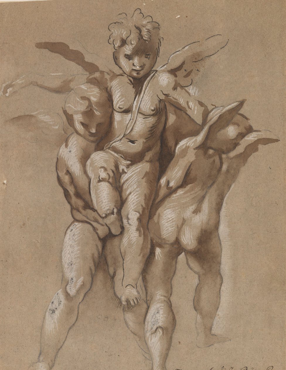 Deux putti portant un troisième putti (recto); Un jeune homme avec un bâton (verso) - Giovanni Pietro Possenti