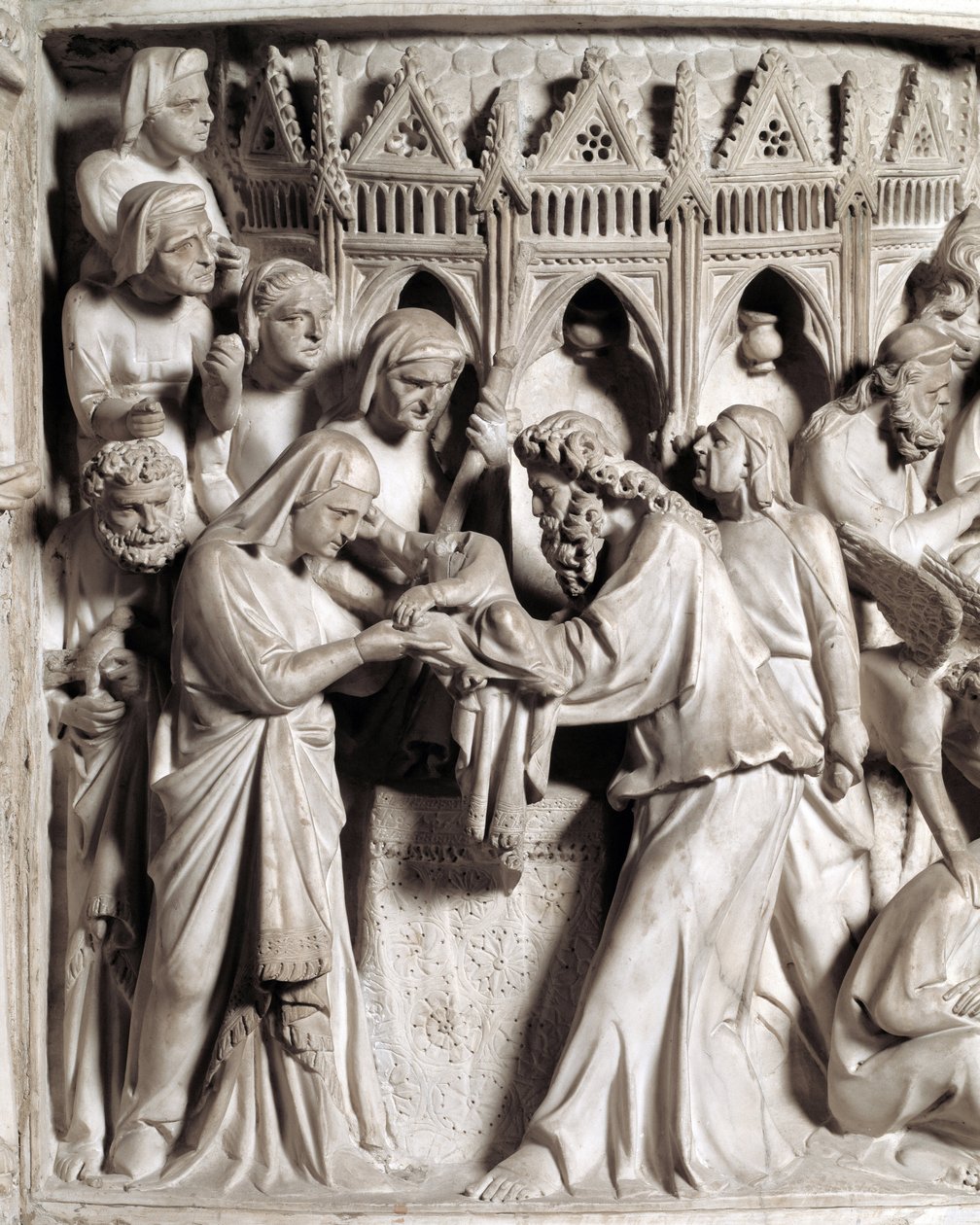 Détail des reliefs de la chaire réalisée par Giovanni Pisano (1248-1314) : la présentation de Jésus au temple (détail des reliefs du pupitre en marbre) 1302-1311 Cathédrale de Pise (Duomo di Pisa), Italie - Giovanni Pisano