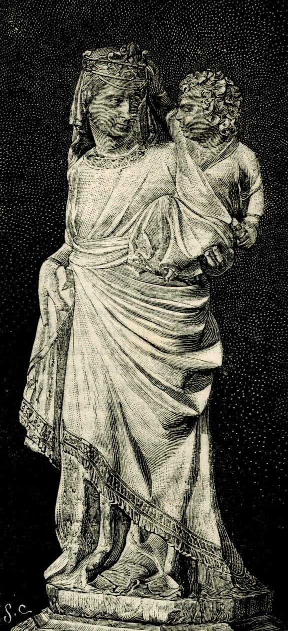 Madone et Enfant, statue de Giovanni Pisano, cathédrale de Prato, Toscane, Italie, gravure sur bois de Le cento città d