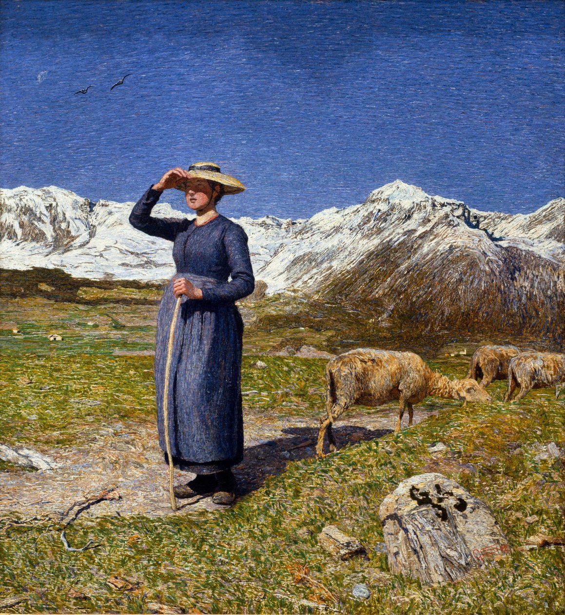 Midi dans les Alpes. Une bergère protégeant ses yeux du soleil. Peinture de Giovanni Segantini (1858-1899) 1891 - Giovanni Segantini