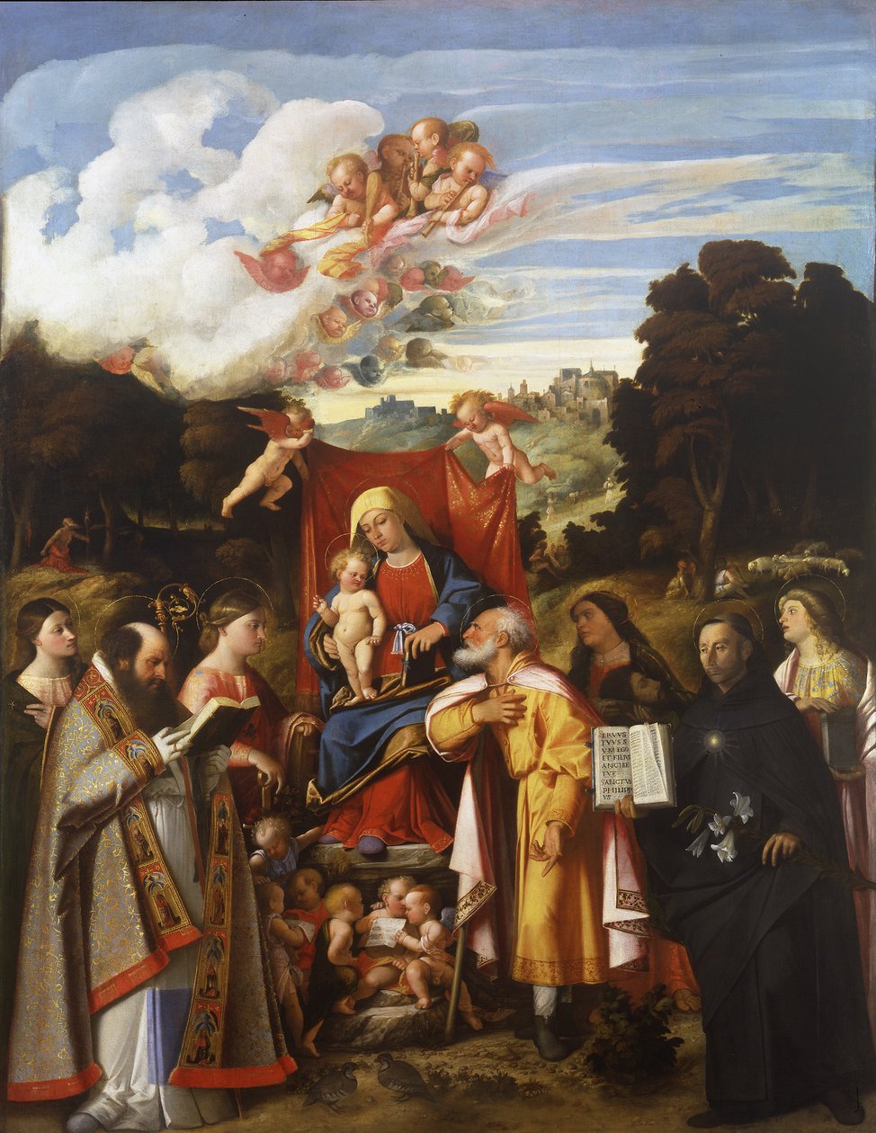 Madone en majesté avec anges, Sainte Apollonie, Saint Augustin, Sainte Catherine, Saint Joseph, Sainte Grata, Saint Philippe Benizzi et Sainte Barbara (Retable de Saint-Gothard) - Giovanni de Busi Cariani