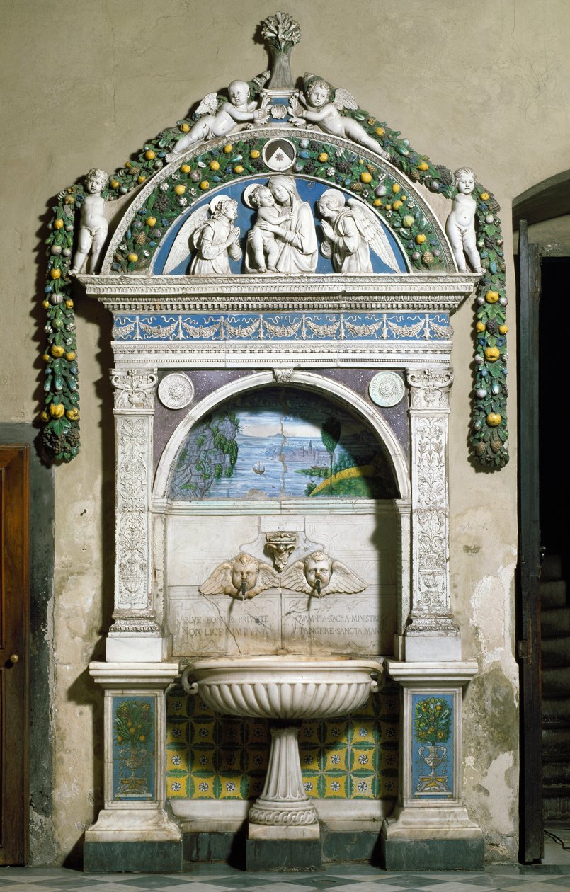 Fontaine décorée avec un haut-relief en marbre et terre cuite par Giovanni della Robbia (1469-1529) 1498. Sacristie de Santa Maria Novella, Florence - Giovanni della Robbia