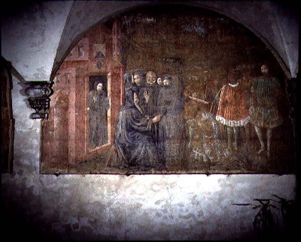 Saint Benoît et le messager du roi Totila, détail du cycle de fresques de la Vie de Saint Benoît du Chiostro degli Aranci, vers 1430 (détail) - Giovanni di Consalvo (attr. to)