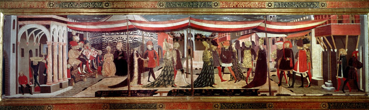 Cérémonie de mariage à la Renaissance, panneau décorant le Cassone Adimari. Scène de mariage sur la Piazza del Duomo (Place de la Cathédrale Santa Maria del Fiore). Les couples dans le cortège avancent sous un dais - Giovanni di Ser Giovanni Scheggia