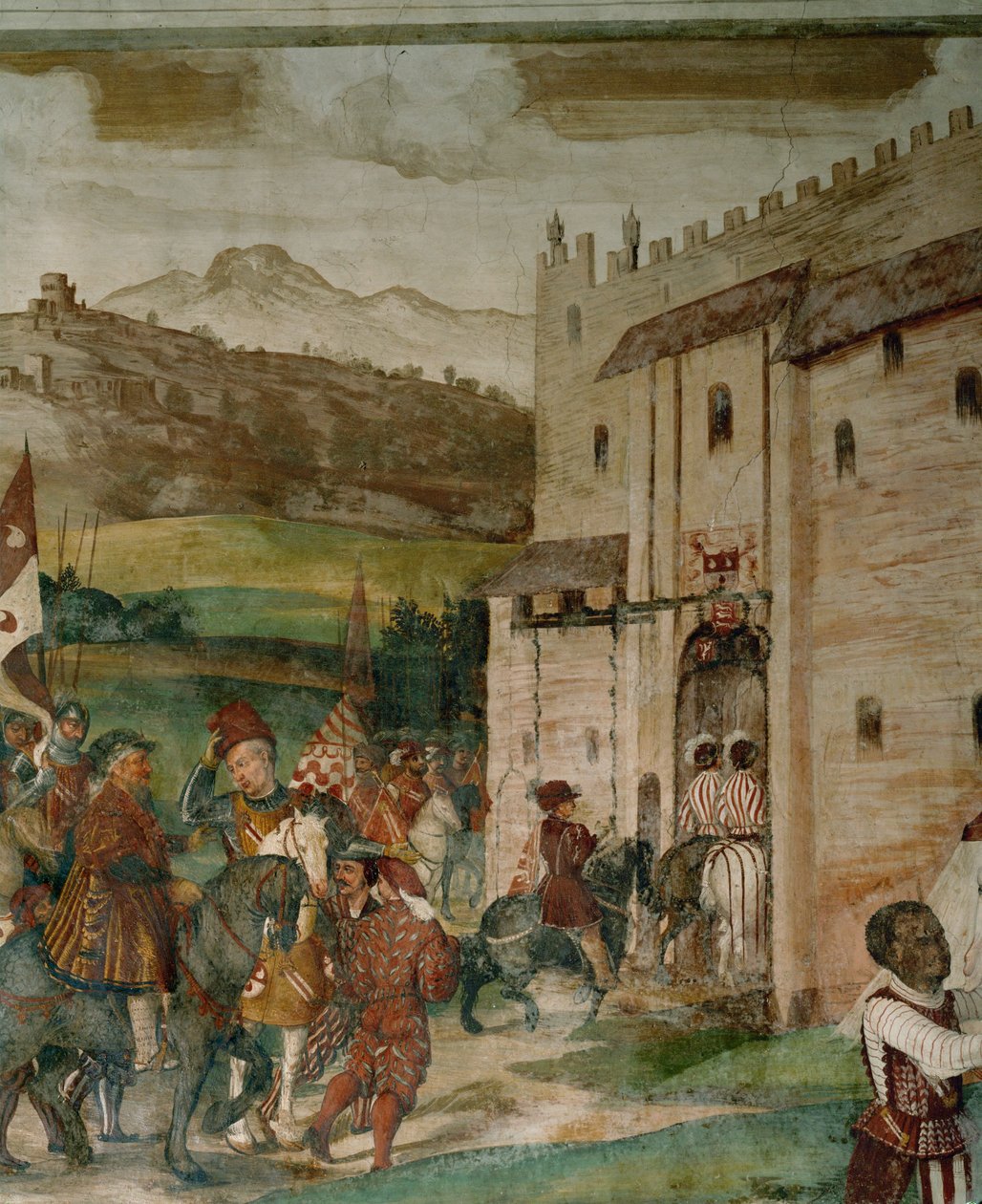 Retour de Bartolomeo Colleoni et du roi Christian à Malpaga après la partie de chasse (fresque) - Girolamo Romanino