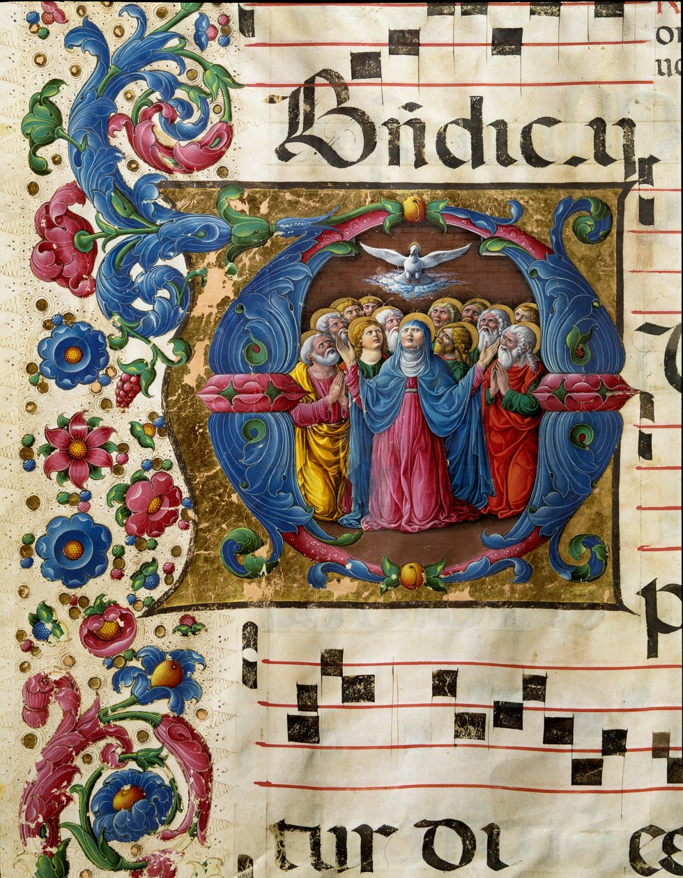 La colombe du Saint-Esprit apparaît à la Vierge Marie et aux apôtres. Miniature par Girolamo da Cremona (actif vers 1451-1483) d