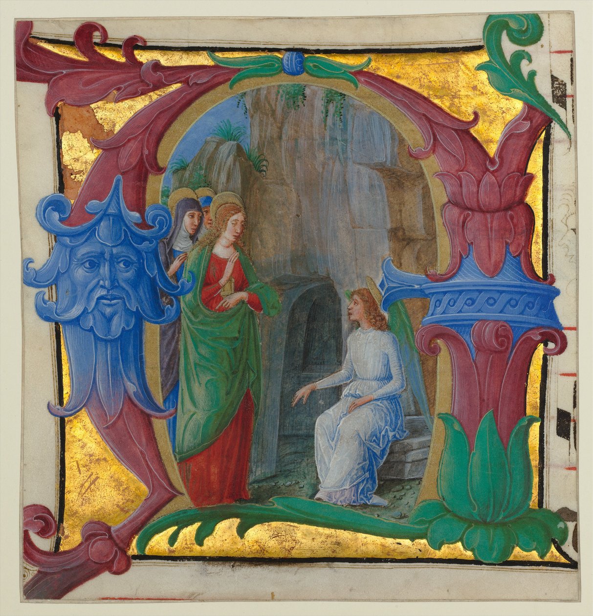 Enluminure de manuscrit avec les Saintes Femmes au Tombeau dans une Initiale A..., vers 1490-1500 - Girolamo dai Libri