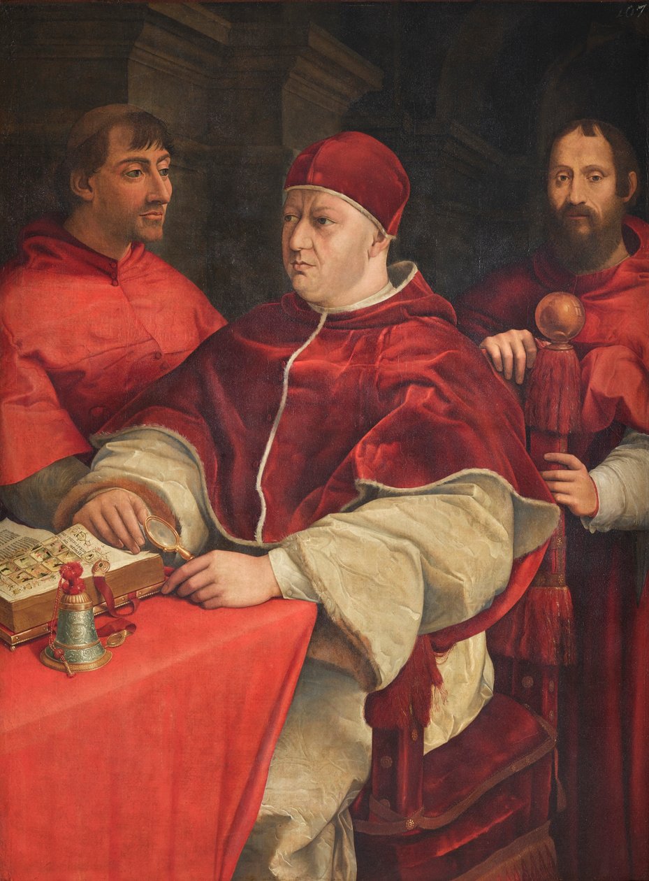 Italien : Portrait du pape Léon X de Médicis avec les cardinaux Giulio de Médicis et Innocenzo Cybo Portrait du pape Léon X avec les cardinaux Giulio de Médicis et Innocenzo Cybo - Giuliano Bugiardini