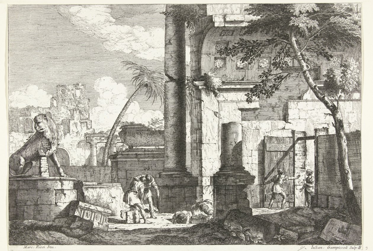 Ruines antiques avec pilleurs de tombes et palmier - Giuliano Giampiccoli