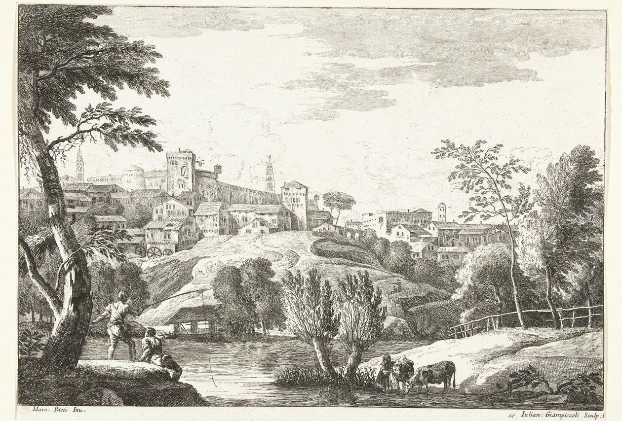 Paysage vallonné avec ville et pêcheur - Giuliano Giampiccoli