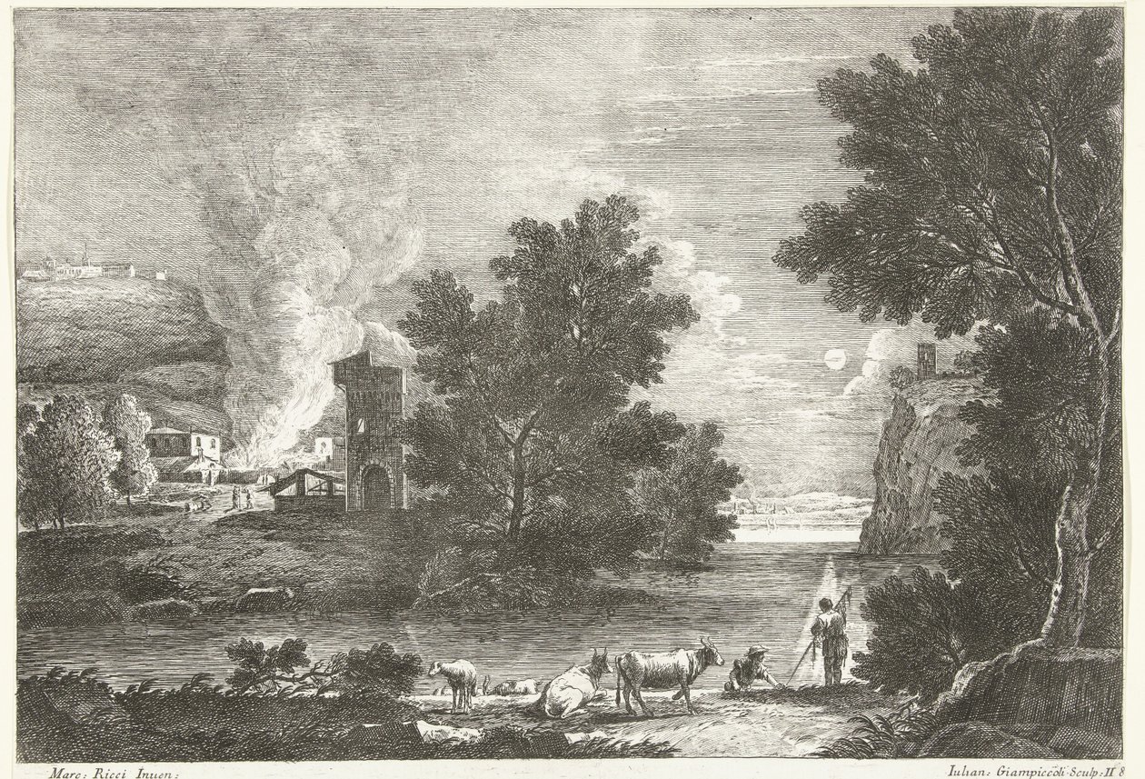 Paysage au clair de lune avec incendie (série: Paysages italiens) - Giuliano Giampiccoli