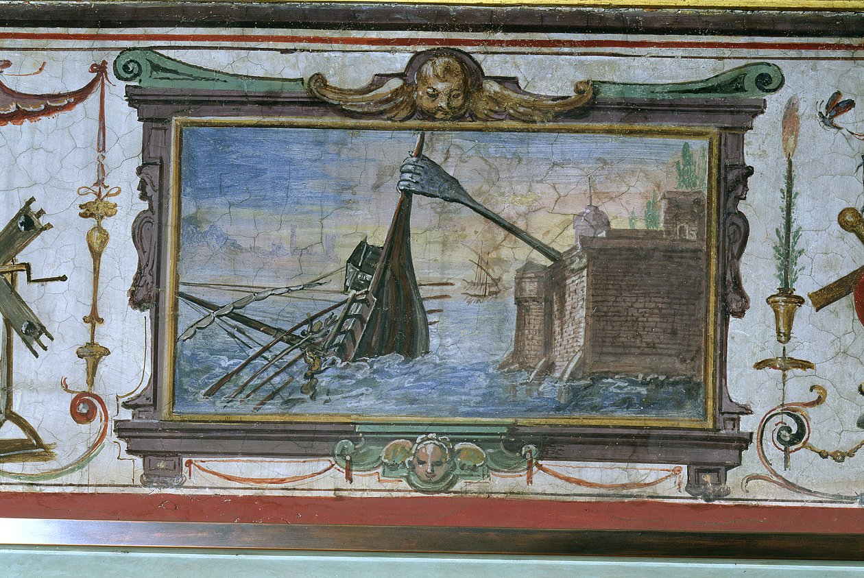 Un dispositif qui a permis à Archimède (c.287-12 av. J.-C.) de tirer un navire à terre, Stanza della Mattematica, 1587-1609 - Giulio Parigi