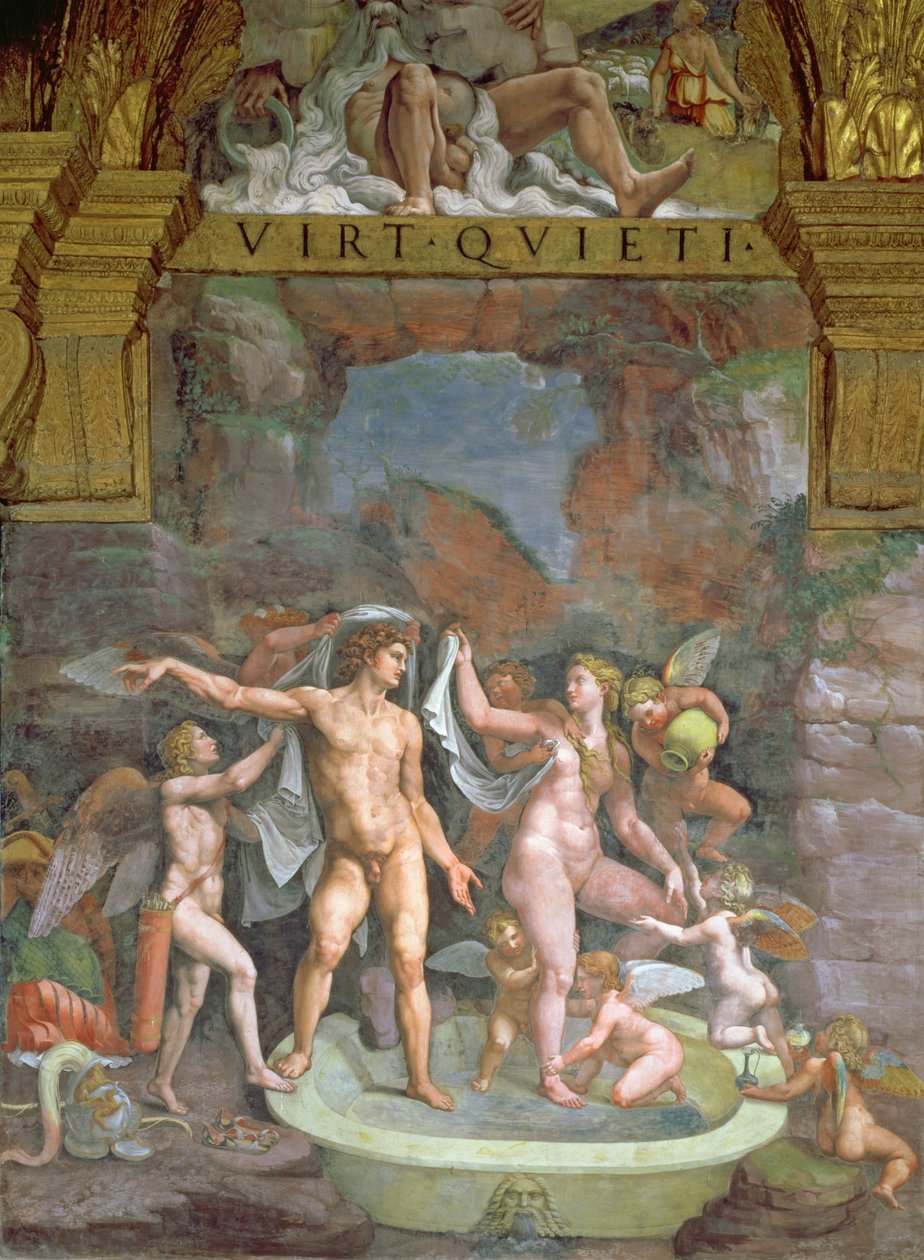 Mars et Vénus se baignant, aidés par Cupidon et des putti de la Sala di Amore e Psiche, 1528 - Giulio Romano