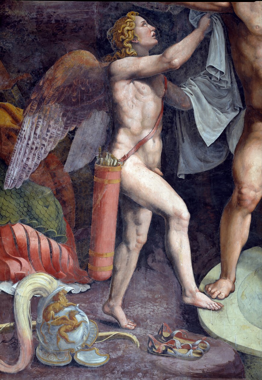 Mars et Vénus se baignant, détail montrant Cupidon aidant Mars de la Sala di Amore e Psiche, 1528 (détail) - Giulio Romano