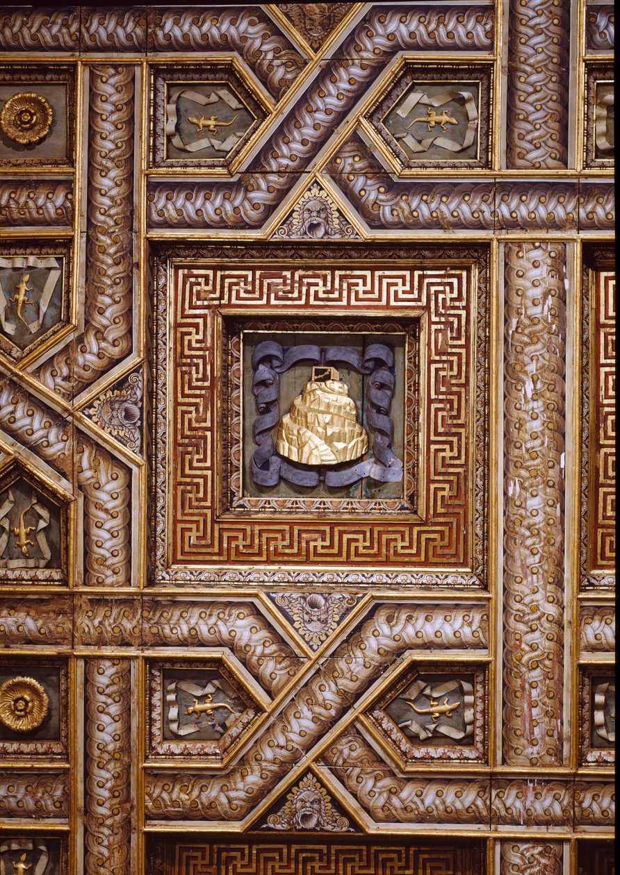 Sala dei Cavalli, vue du plafond avec les impressions sculptées des Gonzaga du Mont Olympe, lézards et rosettes ornées bordées de motifs en trompe-l