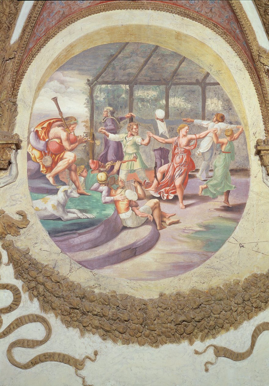 Scène montrant que ceux nés sous le signe du Bélier en conjonction avec la constellation du Chèvre ont une aptitude pour jouer de la zampogna et une inclination aux passions amoureuses - Giulio Romano