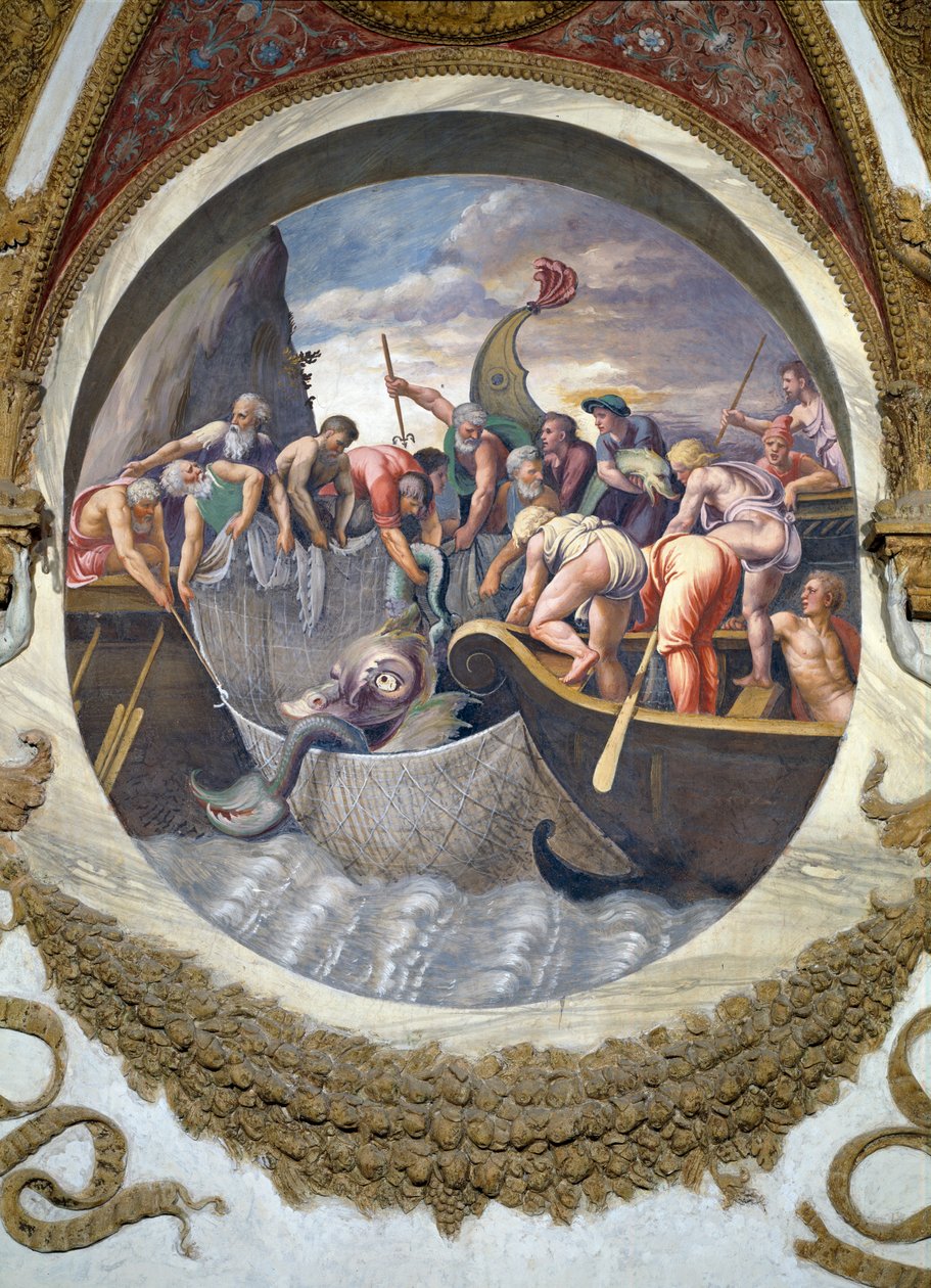 Scène montrant que ceux nés sous le signe des Poissons en conjonction avec la constellation de Belua sont adeptes à la pêche, symbolisée par la capture d