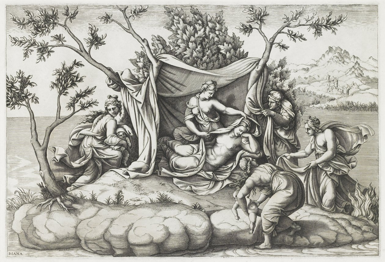 Latone donnant naissance à Apollon et Diane, gravé par Diana Mantovana, après 1575 - Giulio (after) Romano