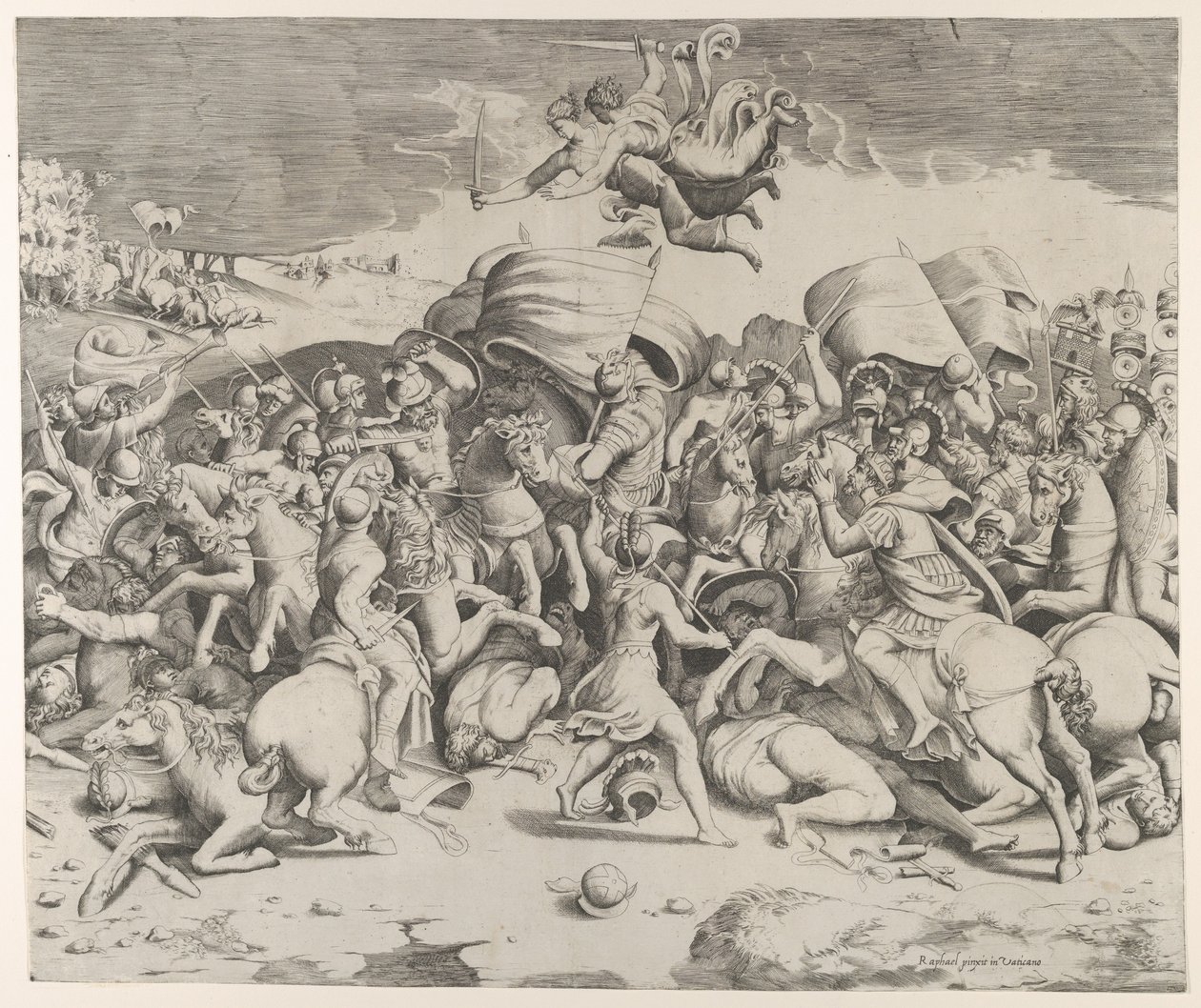 Constantin vainquant le tyran Maxence, des anges portant des épées volent au-dessus, 1544 - Giulio Bonasone