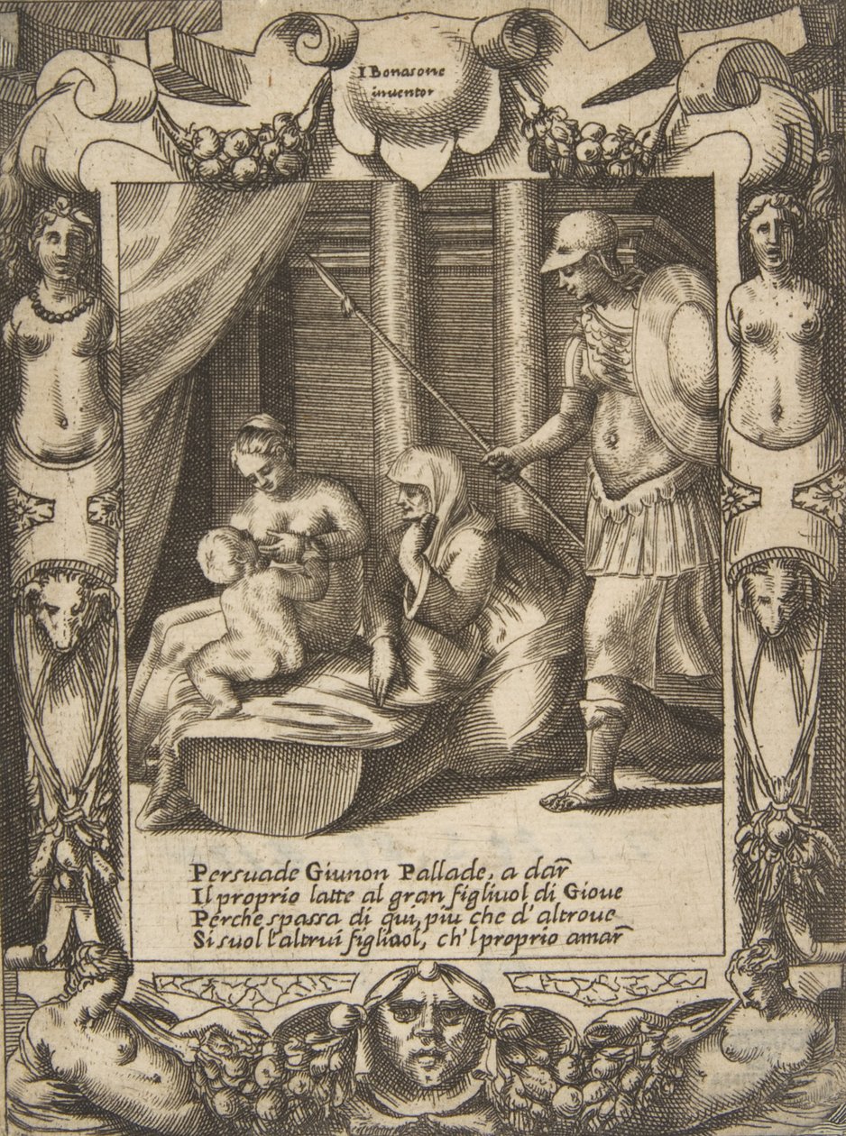 Junon persuadant Athéna de nourrir le jeune Hercule, dans un cadre élaboré, vers 1531-76 - Giulio Bonasone