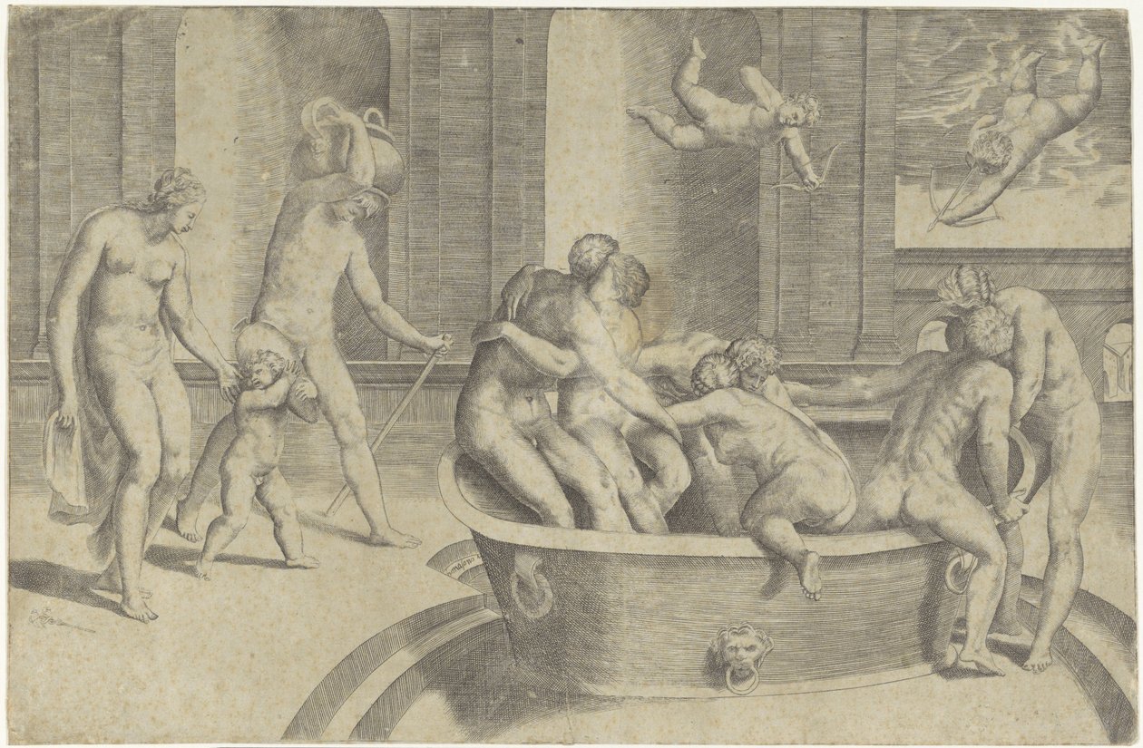 Hommes et femmes dans une grande baignoire - Giulio Bonasone