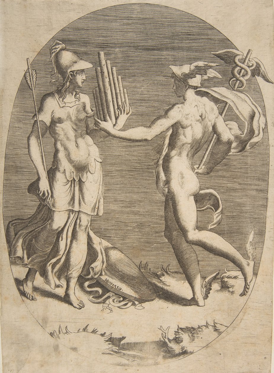 Mercure présentant une flûte de Pan à Minerve qui se tient à gauche, une composition ovale, 1531-76 - Giulio Bonasone
